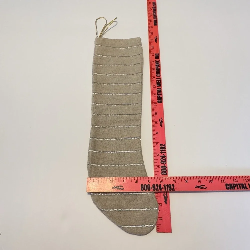 Set Of 2 Christmas‎ Stockings Tan Burlap? With Silver Embroidered Stripes